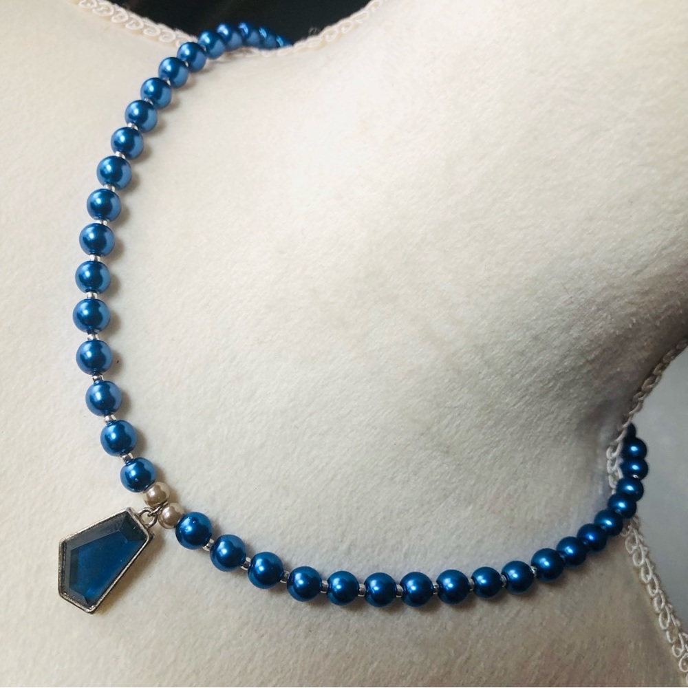 Handcrafted repurpose blue geometric glass pendant Czech glass Pearl necklace